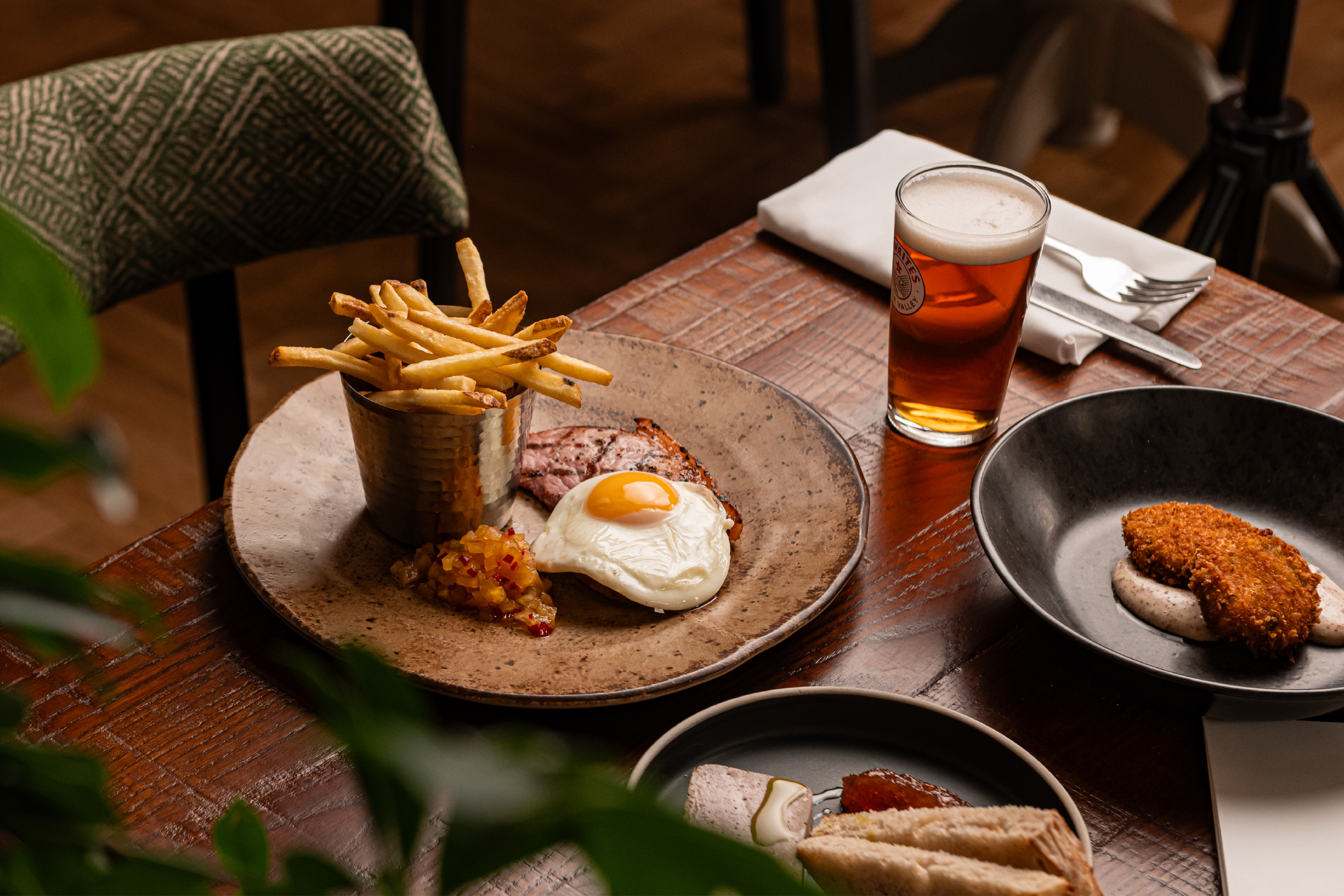 Gammon, egg and chips lunch dish